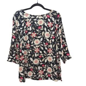 J Jill Black Floral 3/4 Sleeve Pullover Blouse Size Small Career Boho Workwear